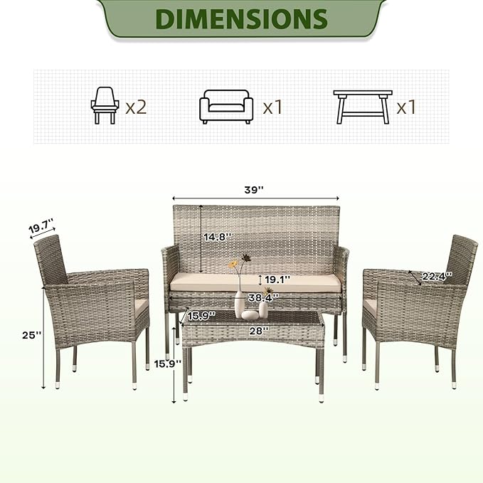PayLessHere Outdoor Furniture Set 4 Pcs Modular Patio Furniture Set Water Resistant Conversation Set with 3 Rattan Chairs 1 Tempered Glass Topped Table for Patio Poolside, Gray Wicker/Khaki Cushions