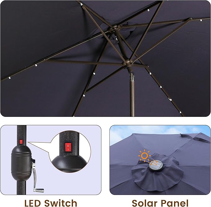 MONDAWE Rectangular Market Umbrella with Lights 10 x 6.5 FT Outdoor Solar LED Patio Umbrella Tilt and Crank Aluminum Commercial Table Umbrella for Pool Backyard Balcony