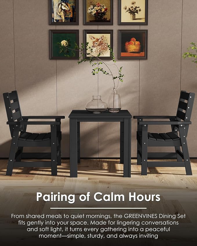 GREENVINES 5-Piece-Outdoor-Dining-Set | HDPE | Square | Patio Furniture | Table and Chairs Sets for 4 | All Weather | Umbrella Hole | for Backyard Poolside Garden | QuadraLuxe | Black