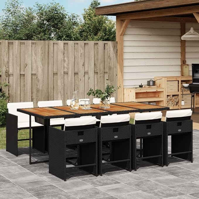 9-Piece Patio Dining Set with Cream Cushions Black PE Rattan Outdoor Furniture Set for Garden Backyard Balcony Porch, 8 Foldable Chairs & Acacia Wood Table