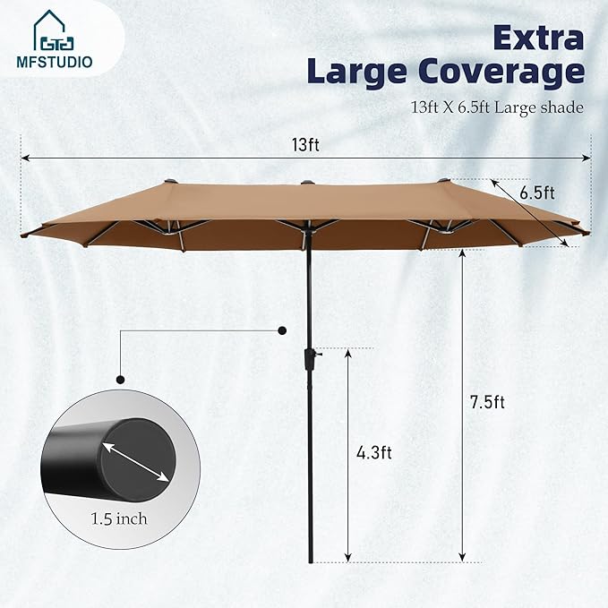MFSTUDIO 13ft Outdoor Patio Umbrella, Double Sided Large Rectangular Umbrella Market Table Twin Triple Rectangle Umbrellas with Crank Handle for Outside Picnic Backyard Deck Pool (no base)