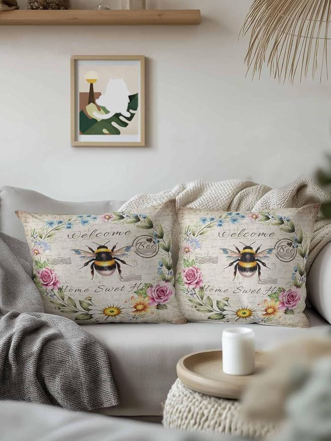 Outdoor Waterproof Throw Pillows Farmhouse Flower Leaf Wreath Patio Pillows Pack of 2,Decorative Pillow Covers with Insert,Pillow Cushion Case for Garden Couch Sofa Rustic Bee Retro Letter