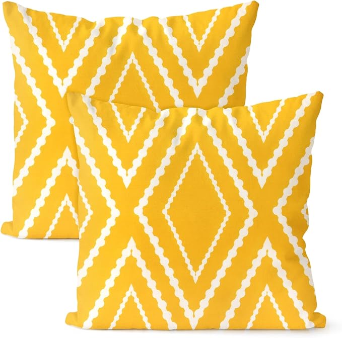 M METERXITY 2Pcs Boho Pillow Covers 20x20 Linen Yellow White Stripe | Water Resistant Boho Geometric Slipcover, for Patio, Balcony, Garden, Decor Pillow Case