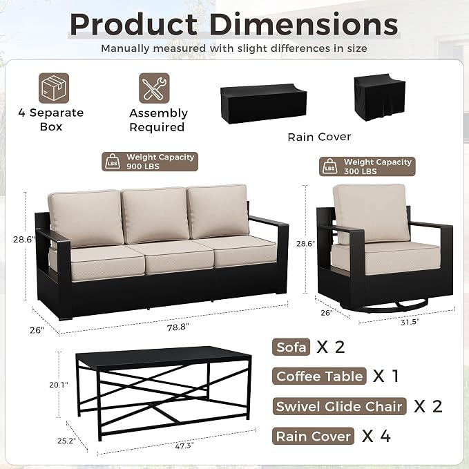 Outdoor Patio Furniture Set, 5-Piece Aluminum Patio Conversation Set All-Weather Metal Outdoor Sectional with 6 Inch Thick Cushions, Deep Setting for Garden, Outside and Porch, Beige