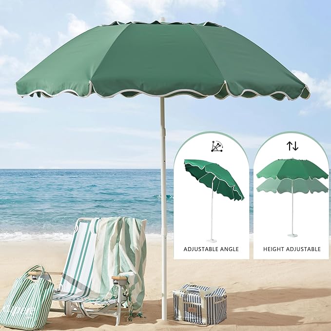 7.2FT Patio Beach Umbrella, Adjustable Height and Tilt Design, UPF 50+ Sun Protection with Silver Coating, Wind-Resistant Fiberglass Ribs, Portable 2-Fold Design, Includes Carry Bag, Base Not Included