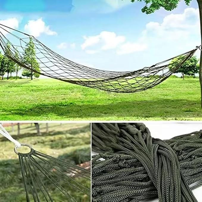 Outdoor Travel Camping Sport Hammock, Outdoor Sport Hammock Net Mesh Nylon Rope Sleeping Bed Swing with Hooks for Garden Beach Yard Travel (Army Green)