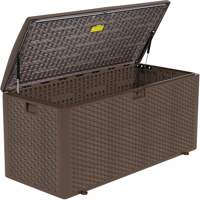 Outdoor Storage Box, 180 Pro Gallon Resin Deck Box Waterproof for Patio Furniture, Garden Tools and Pool Accessories, Lockable UV-Resistant Storage Bin Bench Cabinet for Outside, Brown