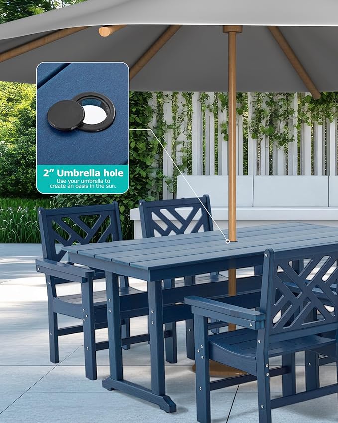 5 Piece HDPE Outdoor Dining Set for 4 Patio Dining Furniture Set with Umberlla Hole, Weather Resistent Outdoor Table and Chairs for Garden, Poolside, Backyard, Deck, Blue