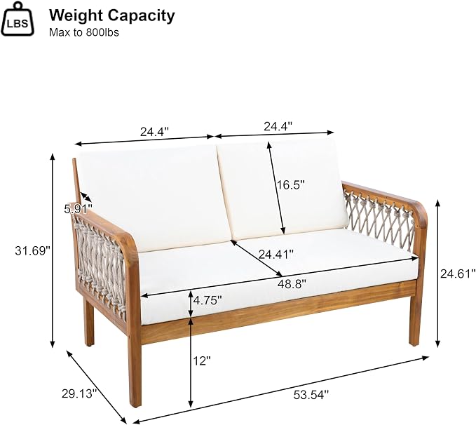 VilroCaz 4-Piece Acacia Wood Outdoor Patio Furniture Set with Loveseat, 2 Club Chair& Coffee Table, All-Weather Conversation Sofa Set with Rope Woven Armrests, Removable Cushions (Teak-N5)
