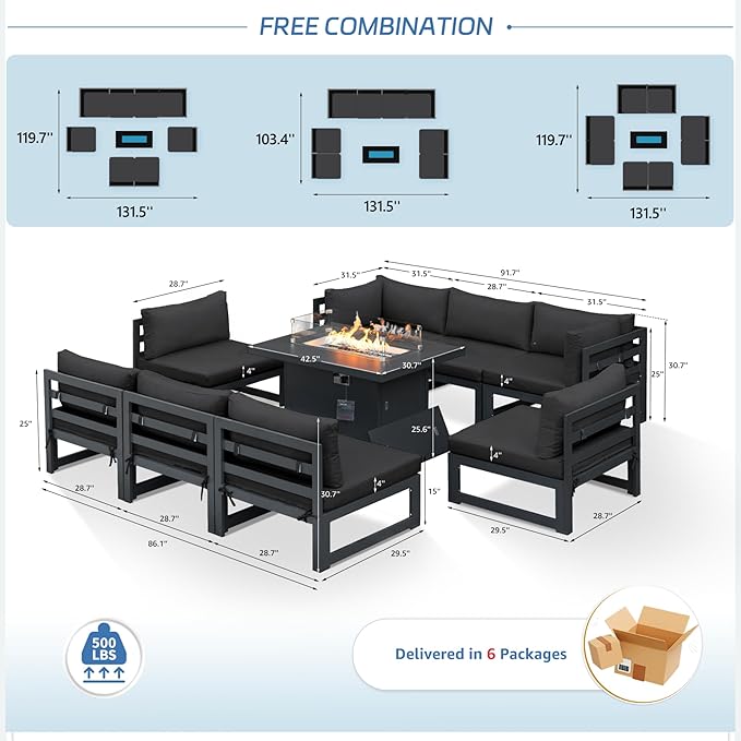 NICESOUL Aluminum Frame Patio Furniture Set with Fireplace, 9 Piece Oversized Modular Outdoor Sectional Sofa, 29" Deep Wide Seating, Modern L Shaped Conversation Set for Backyard, Garden, Dark Grey