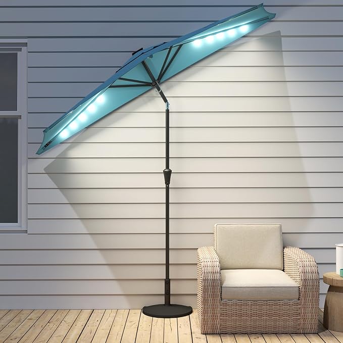 Helios&Hestia 9 ft Small Half Round Solar Powered Wall Outdoor Market Patio Umbrella with LED Lights and Tilt for Garden, Deck, Balcony