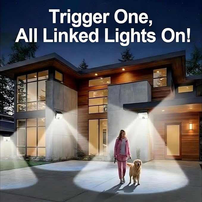 Solar Lights Outdoor Waterproof Motion Sensor - 2 Pack 1000LM Measured LED Flood Light with Remote, 16.4FT Split Design & Linkage Version, Dusk to Dawn Solar Security Lights for Yard, Garage, Patio