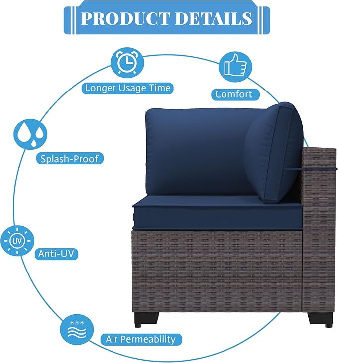 Patio Furniture Set with Aluminum Fire Pit Table 8 Pieces Outdoor Sectional Sofa Set,PE Rattan Wicker Patio Conversation Set w/43in 55000 BTU Propane Fire Pit Table,NavyBlue
