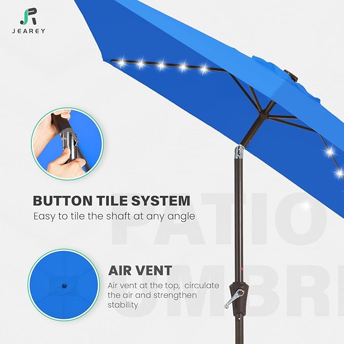 JEAREY 6.5x10 ft Rectangular LED Lighted Patio Umbrellas Outdoor Solar Table Market Umbrella w/Push Button Tilt/Crank, 6 Sturdy Ribs, UV Protection Waterproof Sunproof(Royal Blue)