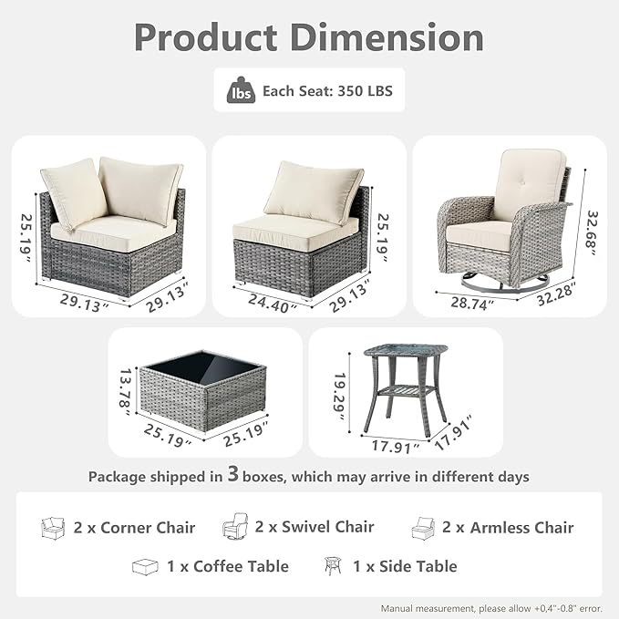 Wicker Patio Furniture Set, 8 Pieces Outdoor Sectional Sets with 6 Seats, Rattan Conversation Set with Swivel Chairs for Garden and Backyard, l Shape Couch Set
