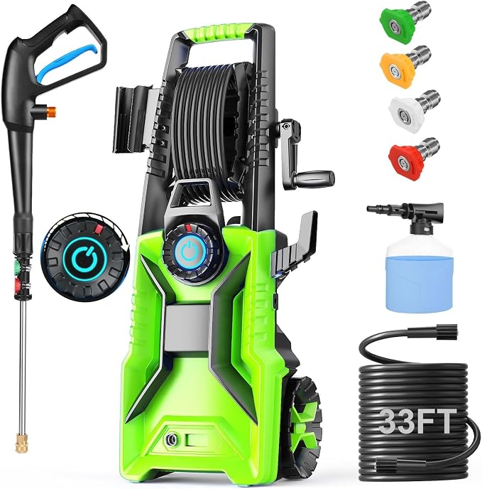 𝐄𝐥𝐞𝐜𝐭𝐫𝐢𝐜 𝐏𝐨𝐰𝐞𝐫 𝐖𝐚𝐬𝐡𝐞𝐫 𝟓𝟎𝟎𝟎𝐏𝐒𝐈 Adjustable Pressure, Power Wahser Powered with 33FT Pipe, 4 Nozzles for Home/Cars/Fences, Green