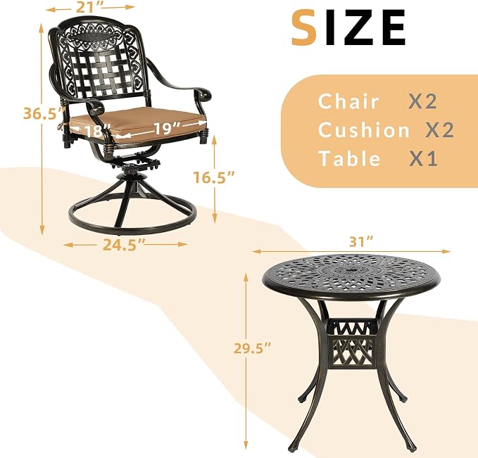 3-Piece Outdoor Patio Dining Set, All-Weather Cast Aluminum Patio Furniture Set for Backyard Garden Deck with 2 Swivel Cushioned Chairs and 31” Round Table, 2" Umbrella Hole, Khaki