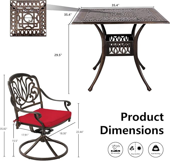 Grepatio 5 Piece Cast Aluminum Patio Dining Set, Outdoor Furniture Set with 4 Swivel Rocker Ding Chairs, 4 Cushions and 35.4" Square Patio Table with 2.4" Umbrella Hole, Antique Bronze (Red)
