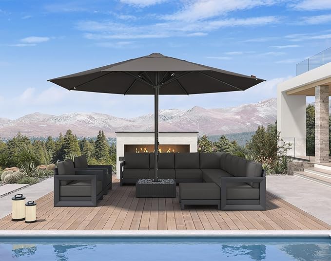 PURPLE LEAF 16' Round Semi-Auto Outdoor Patio Umbrella Aluminium Market Umbrella Table Sun Umbrella with 3.15" Rod and 8 Sturdy Ribs for Deck Lawn Pool Garden, Gray
