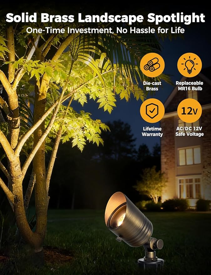 COLOER Brass Outdoor Spotlights, 12V LED Low Voltage Landscape Lighting with 5W 2700K Aluminum MR16 Bulb, IP65 Waterproof Landscape Spot Lights for Yard,Garden,Lawn,Tree, Small Size (12)