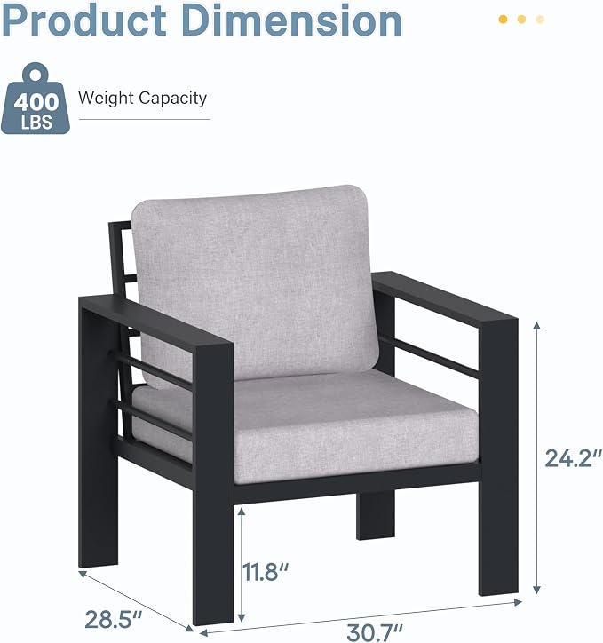 2 Pieces Outdoor Aluminum Armchair, Modern Patio Patio Furniture with 3.54” Wide Seat and Thick Cushions, All-Weather Outdoor Single Sofa for Deck, Porch