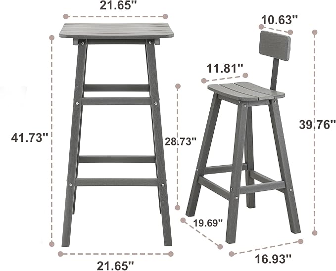 3-Piece Outdoor Counter Height Bar Table Set, 42" Pub & Bistro Table with 2 Stools, HDPE Weather Resistant for Patio/Backyard/Garden/Poolside, Grey