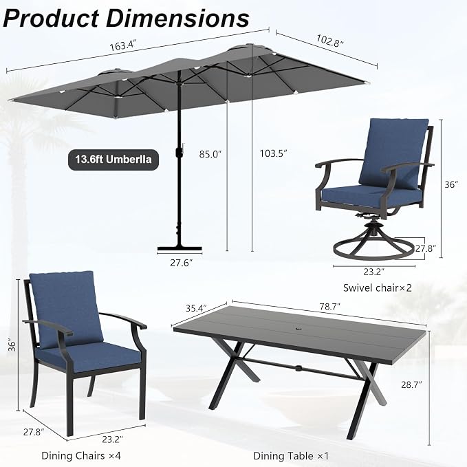 8 Pieces Patio Dining Set,Metal Outdoor Furniture Set Includes 13.6FT Grey Umbrella,Hole Cut-Out 78.7" x 35.4" Table and 6 Metal Backrest Chairs for Backyard,Garden,Navy