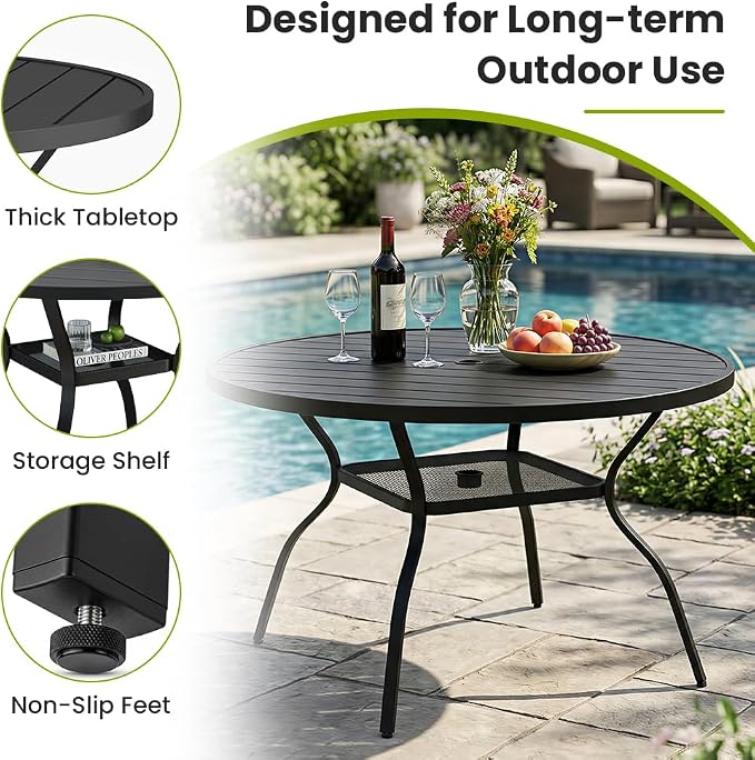 47.3 Inch Outdoor Dining Table for 6 – E-Coating Metal Round Patio Table with Adjustable 1.57" Umbrella Hole, All-Weather Table for Porch, Garden, Backyard, Poolside, Lawn