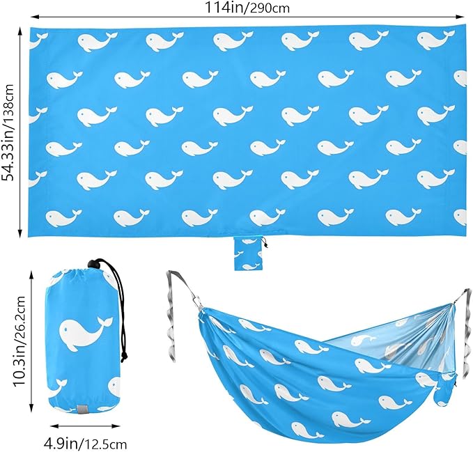 Camping Hammock Outdoor Hammocks for Outside Blue White Whales Beach Trees Portable Lightweight with Pockets Tree Straps Indoor Small
