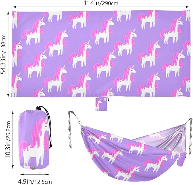 Unicorn Pink Purple Camping Portable Swing Fabric Hammocks with Tree Straps 330 lbs Capacity for Travel Hiking Indoor Outdoor