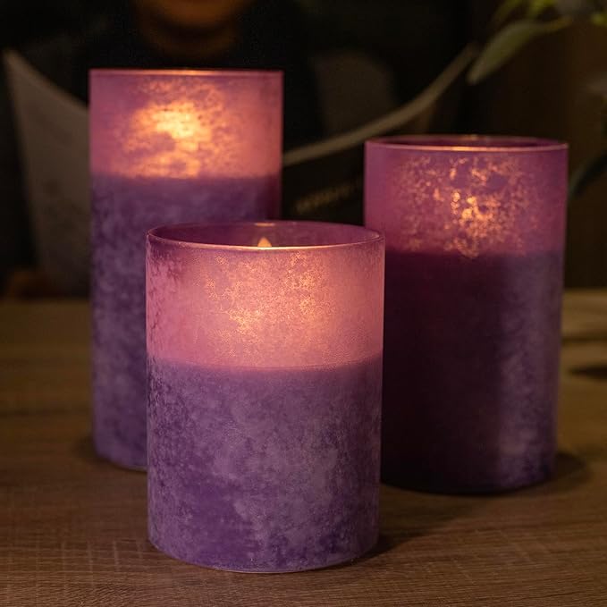 Purple Flameless Candles with Remote and Timer, Real Wax Battery Operated Candles for Home Decor, Set of 3 Flickering Glass LED Pillar Candles for Christmas Halloween Decoration