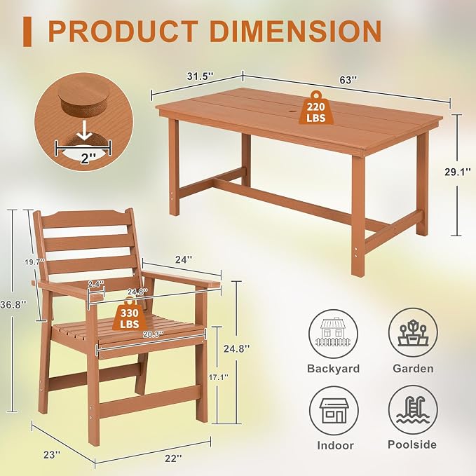 FUNBERRY Outdoor Dining Set, HDPE 5 Piece Dining Table Set with Chairs | 2" Umbrella Hole Table, Wood-Grain, HDPE All Weather, No Rot or Rust or Crack, UV Fade Shield, Easy-Clean for Outside