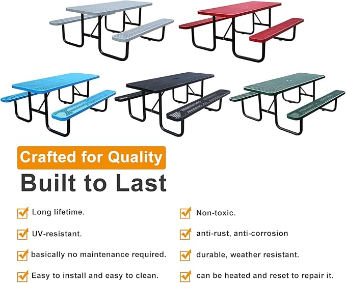 4ft Rectangular Picnic Table – Heavy-Duty Metal Mesh Outdoor Dining Table, Thermoplastic Coated Steel, Outdoor Living, Parks & Schools (red)