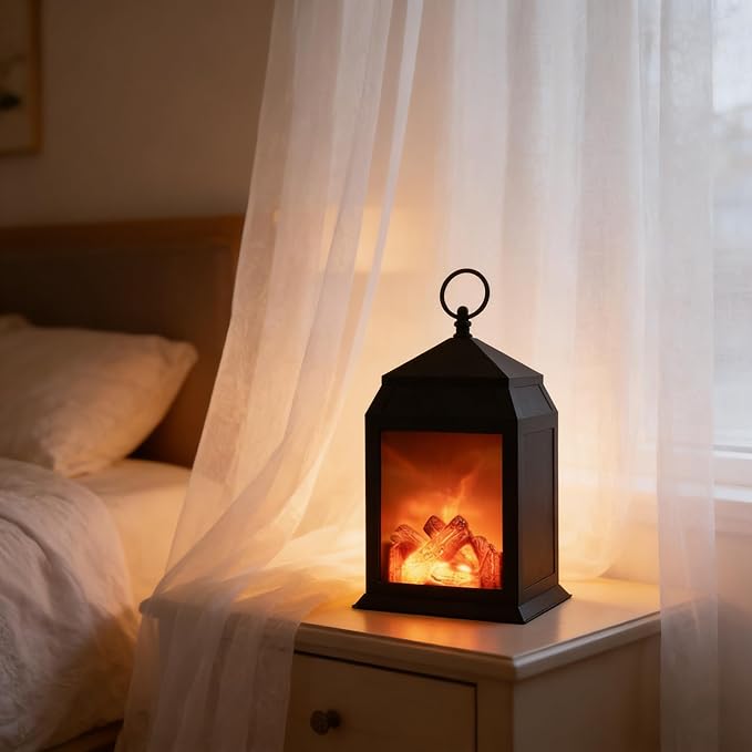 Simulated LED Fireplace Lantern Battery Powered Flameless Light with Simulation Flame Table Decorative Lamp Mini Fireplace Ornament for Cozy Home Decor Free Standing Electric Log Burner