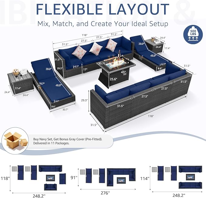 NICESOUL 13 Piece Outside Furniture with Firepit, Extra Large Outdoor Sofa Set with Lounges, Oversized Wicker Patio Sets with Long Fire Pits and Double Chaise, Big 10-Persons Seating Group, Gray&Navy