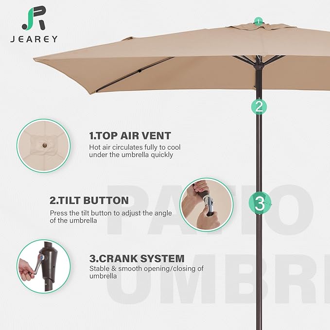 JEAREY 6.5x10 ft Rectangular Patio Umbrellas Outdoor Market Umbrella with Push Button Tilt and Crank, Rectangle Table Umbrellas 6 Sturdy Ribs UV Protection for Pool Garden Backyard Deck, Tan