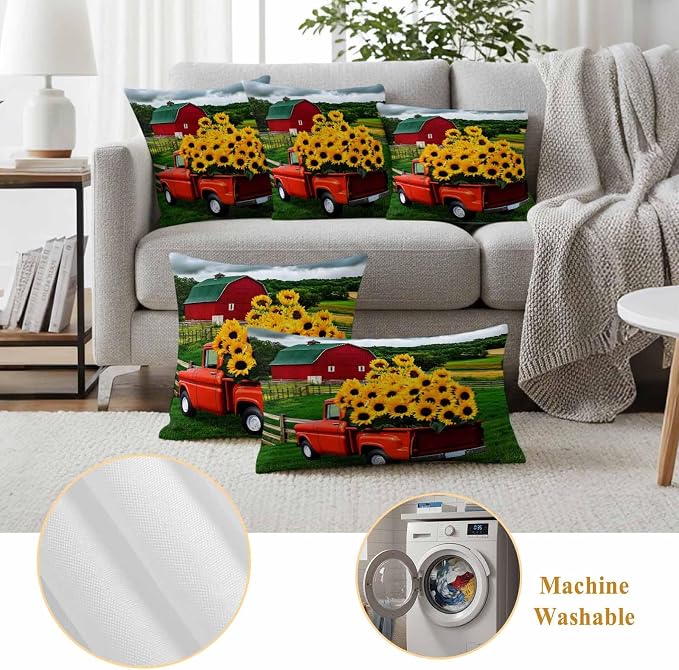 Waterproof Pillow Covers Set of 2 20x20 Inch Farmhouse Sunflower Outdoor Cushion Covers Farm Red Truck Decorative Pillow Cases for Patio, Sofa, Couch, Garden, Balcony