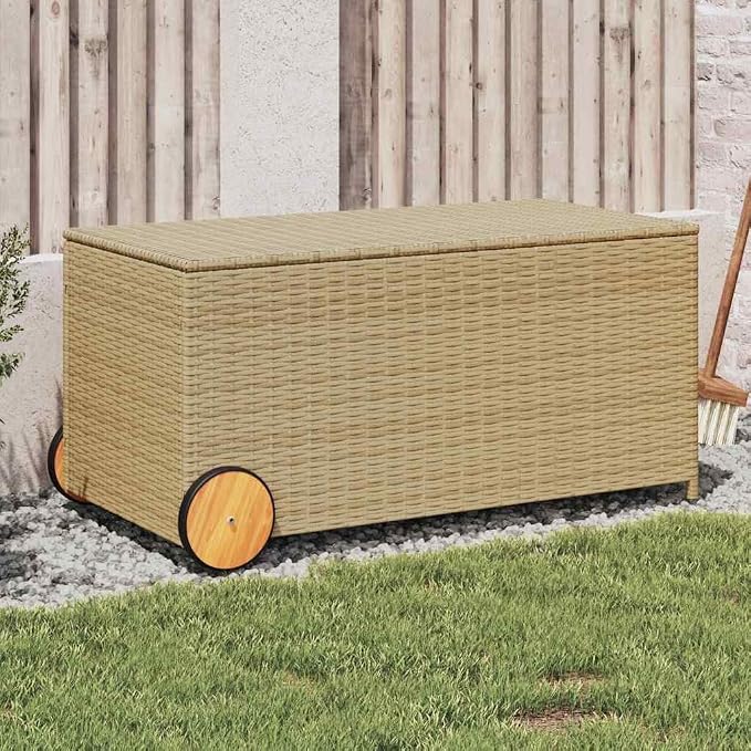 50.2 Gal Garden Storage Box with Wheels and Waterproof Bag, Poly Rattan Deck Box for Patio Furniture, Outdoor Cushion Storage Container, Mix Beige