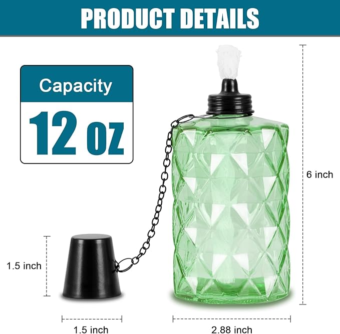 Glass Table Top Torch, Outdoor Torch Canisters 12 oz,Refill Canister with Wicks and Covers, Patio Metal Torch for Luau Party, DIY Garden Decor (4 Packs) (Green)