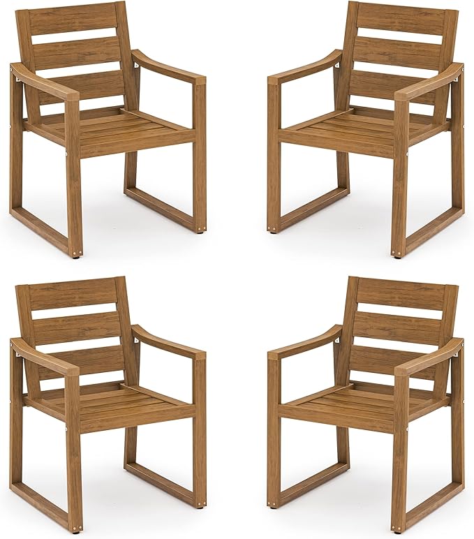 Cozyman HDPS Outdoor Dining Chairs Set of 4, 350LBS, Patio Dining Chairs with Armrest, All Weather Outdoor Kitchen Chairs with Square Frame Legs for Outdoor Indoor, Backyard, Teak Color-Oil Printed