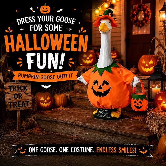 Halloween Porch Goose Outfits for 23'' Lawn Geese Statue, Pumpkin Porch Goose Outfit Costume with Witch Hat Candy Treat Bag, Outdoor Garden Goose Decor for Patio Yard Lawn Art Halloween Ornament