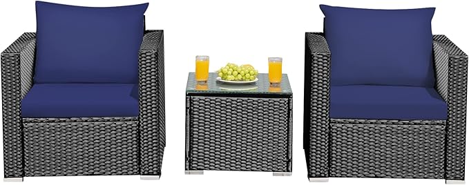 3 Pieces Patio Conversation Set Outdoor Rattan Wicker Furniture Set with Water-Resistant Cushion & Tempered Glass Tabletop, Wicker Chair for Porch, Balcony, Backyard(Navy Blue)