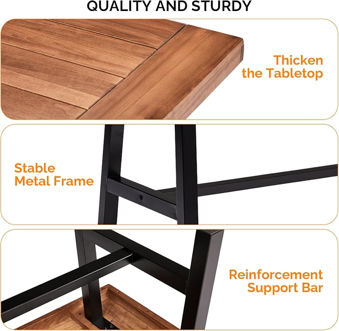 VINGLI Outdoor Wooden Coffee Table, Metal Frame Heavy Duty Patio Coffee Table for Outside, All Weather Solid Wood Low Outdoor Table for Balcony Porch and Deck, Rectangle