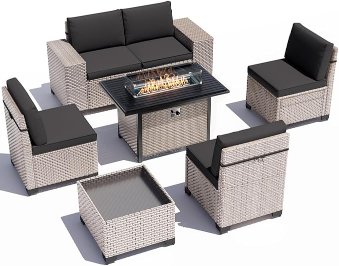 7 Pieces Patio Furniture Set with Fire Pit Table, Outdoor Sectional Wicker Sofa with Thickened Cushions and Coffee Table, High Back Rattan Patio Conversation Sets, Black