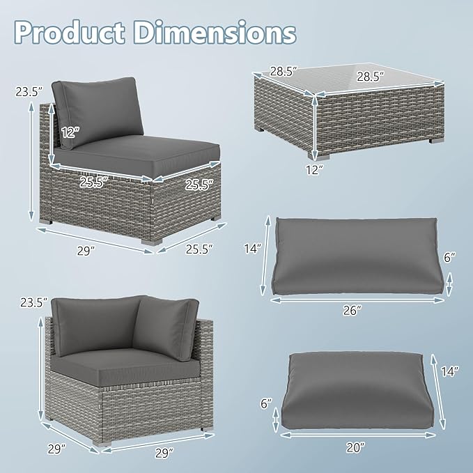Tangkula 10-Piece Outdoor Patio Sectional Sofa Couch, PE Rattan Conversation Set w/Glass Coffee Table & Cushions, Outdoor Furniture Set w/Sturdy Metal Frame for Garden Poolside Backyard