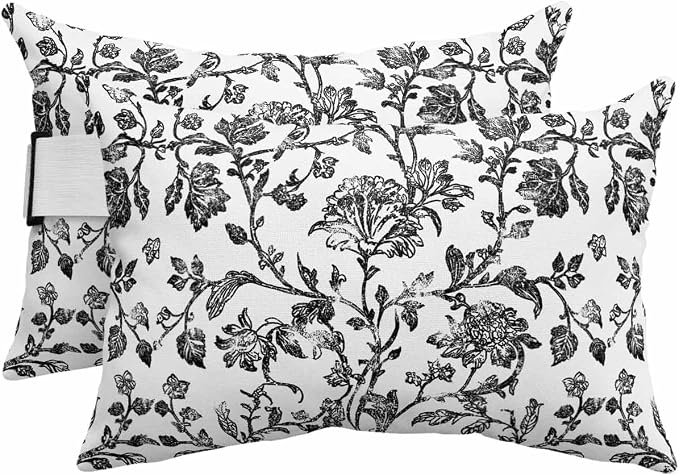 Pack of 2 Outdoor Lumbar Pillow Covers 11x16 Inch, Black Flower Waterproof Throw Pillow Covers Set, Vintage Farmhouse Boho Leaf Spring Plant Indoor&Outdoor Cushion Cases for Patio Porch Beach