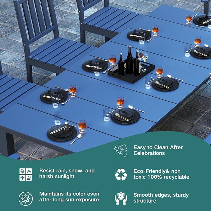 Kingdura 9 Piece Patio Dining Set for 8, HDPE Outdoor Table & Chairs with Umbrella Hole, All-Weather Outdoor Furniture Patio Conversation Set for Lawn Pool Backyard, Navy Blue