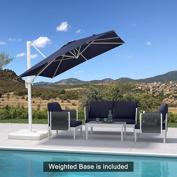 PURPLE LEAF 8 FT White Patio Umbrella With Base Outdoor Cantilever Umbrellas Square Offset Umbrella Windproof with 360° Rotation for Garden Deck Pool, Navy Blue