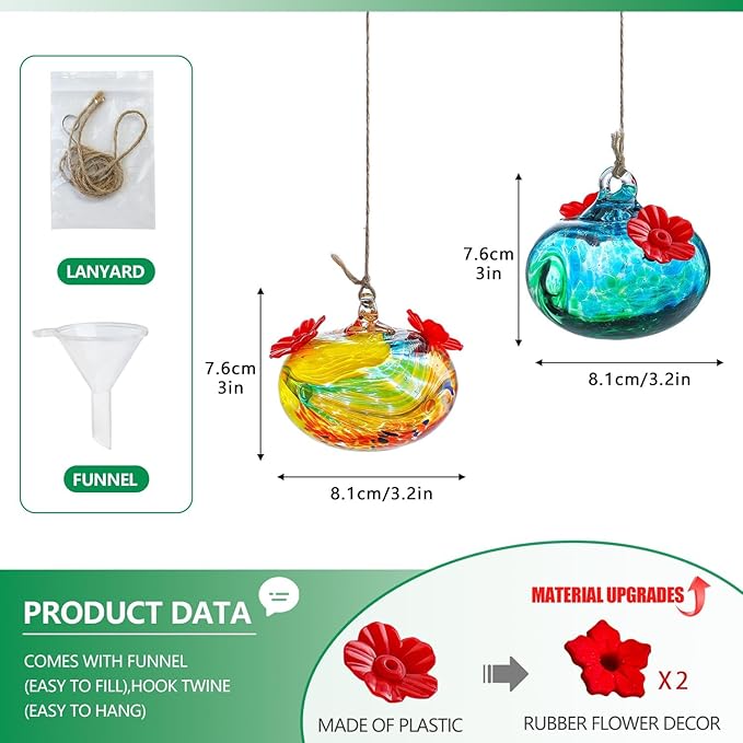 Pack 2 Blown Glass Hummingbird Feeders for Outdoors 3inch Small Glass Humming Bird Feeder for Window Hanging Ant and Bee Proof Humming Birds Feeders Decor for Garden Tree