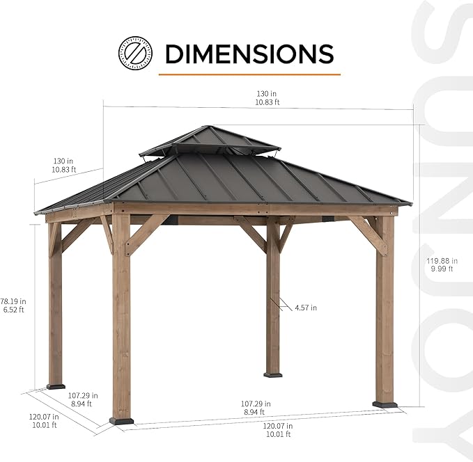 SUNJOY 11 x 11 ft. Wood Gazebo, Upgrade Outdoor Patio Cedar Framed Steel Hardtop Gazebo with 2-Tier Metal Roof, Suitable for Patios, Lawn and Backyard, Hammered Brown Roof + Dark Wood Frame